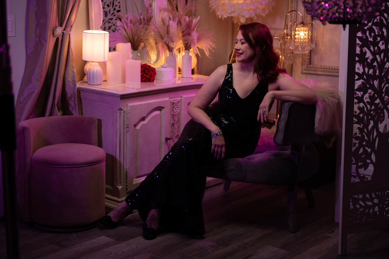 Heather on Adriana Kopinja Photography’s new studio set, glowing with confidence