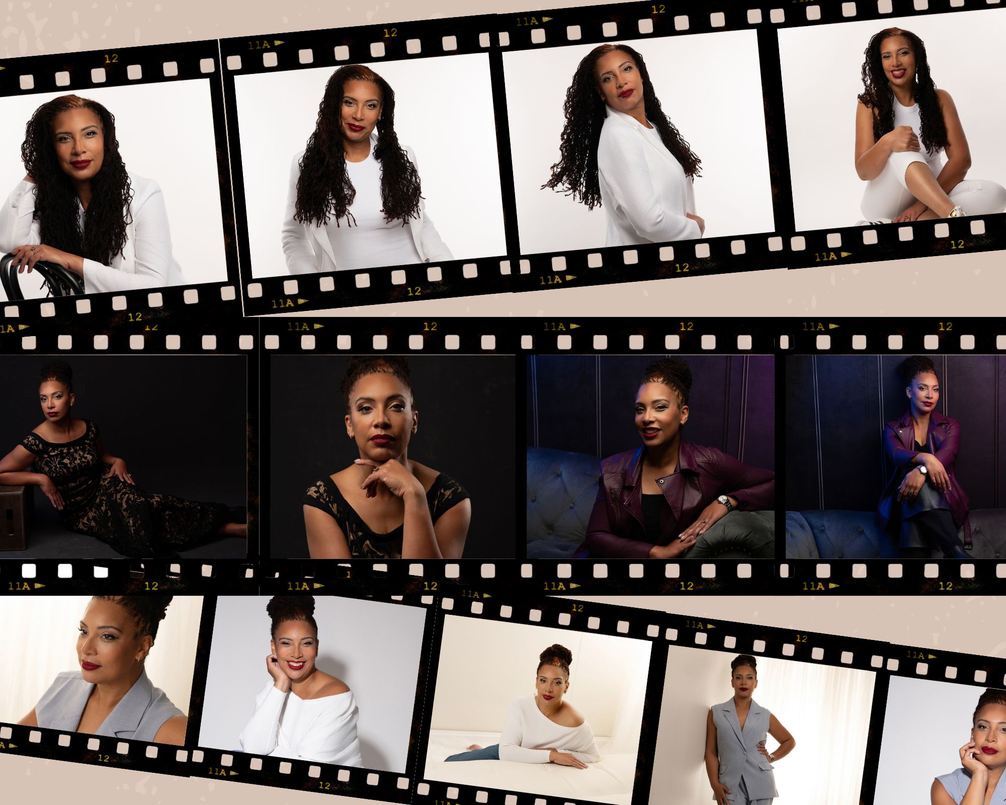 Portrait of a confident woman over 50 sitting on a velvet sofa in a plum leather jacket, photographed at Adriana Kopinja Photography studio in Newton, MA as part of the Unstoppable Women portrait experience.