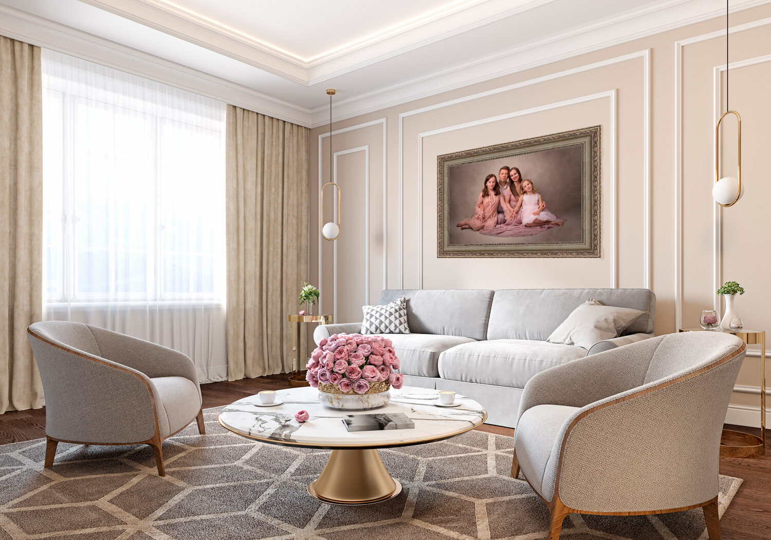 Classic beige interior with sofa, armchairs, coffee table, carpet, curtain, flowers and wall moldings. 3d render illustration mockup.